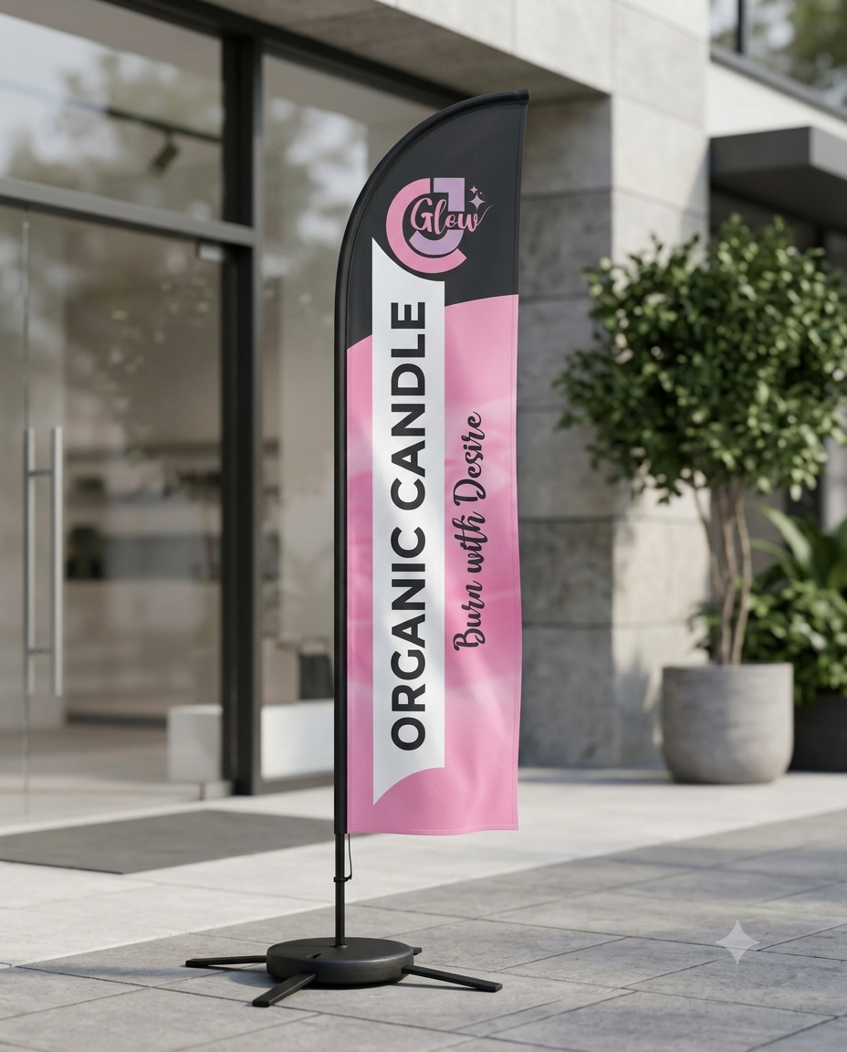 Glow Organic Candle promotional feather flag with pink and black branding