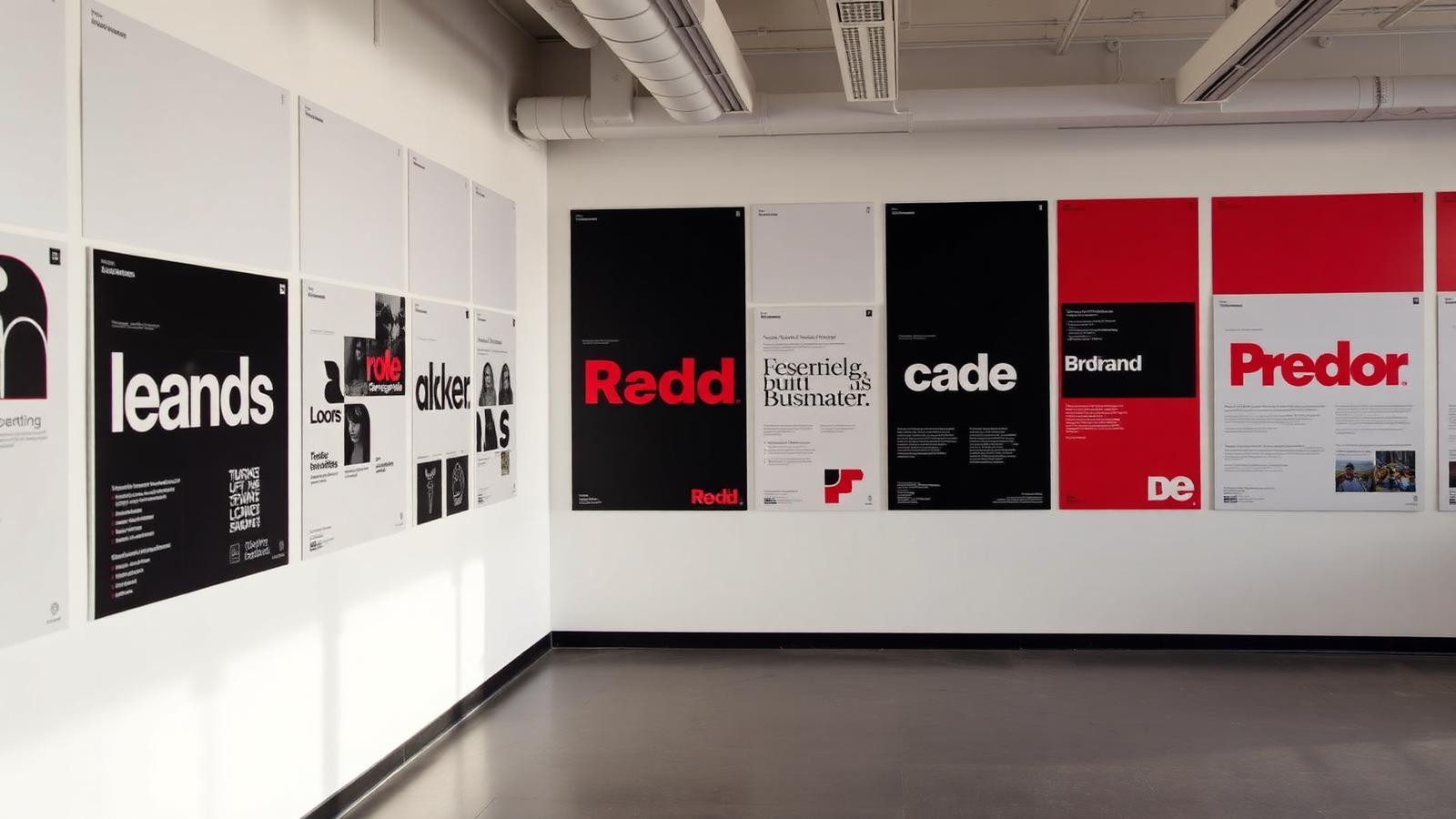 Printed brand system boards on a studio wall in black, white and red
