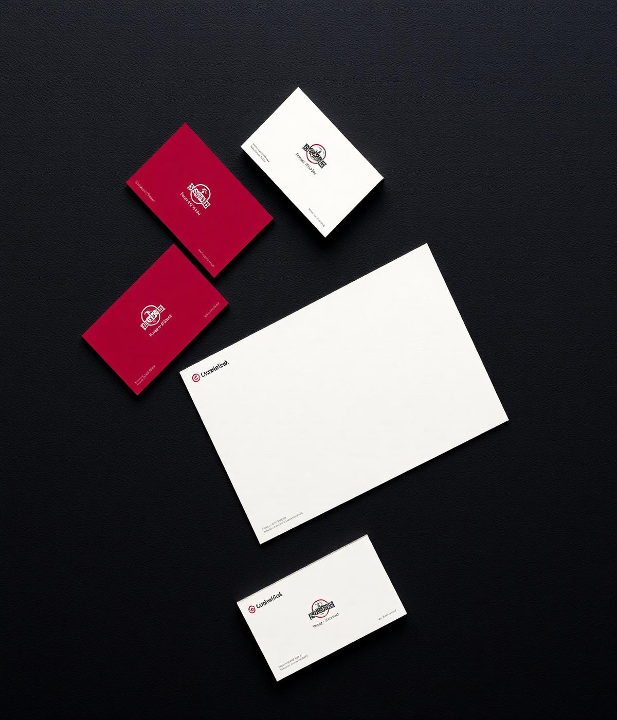 Brand stationery system in red and off-white on a dark surface