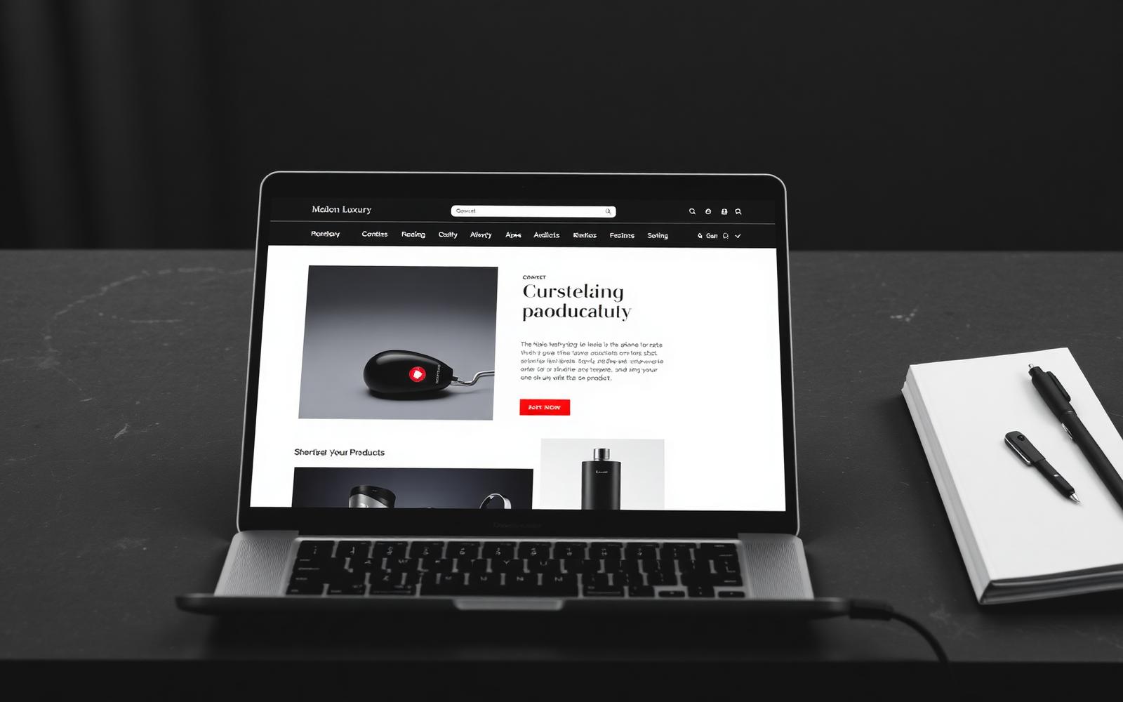 Editorial e-commerce website layout displayed on a laptop