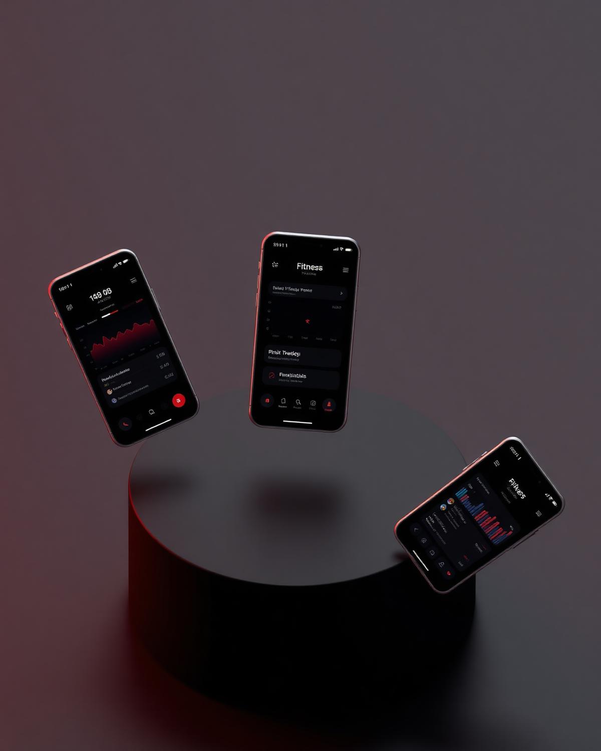 Mobile application screens floating above a dark surface